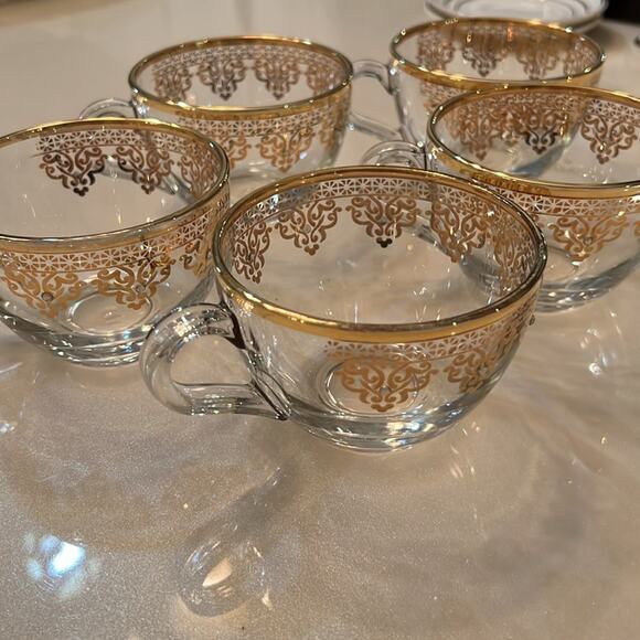 Set of five Glass Teacups with Golden Trims and Fauxstone